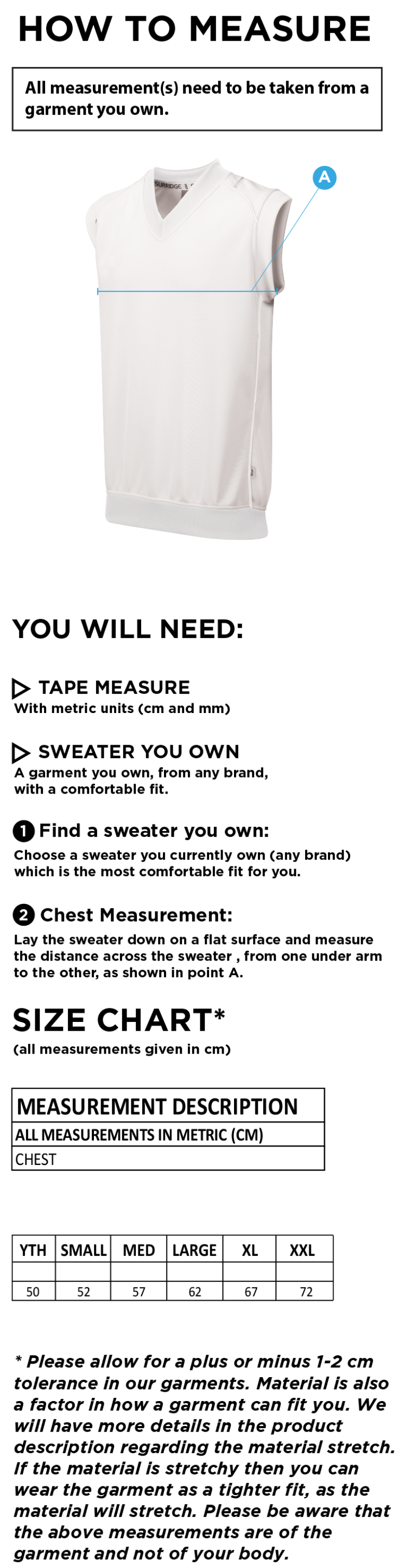 Penrith CC - Curve Sleeveless Sweater - Size Guide