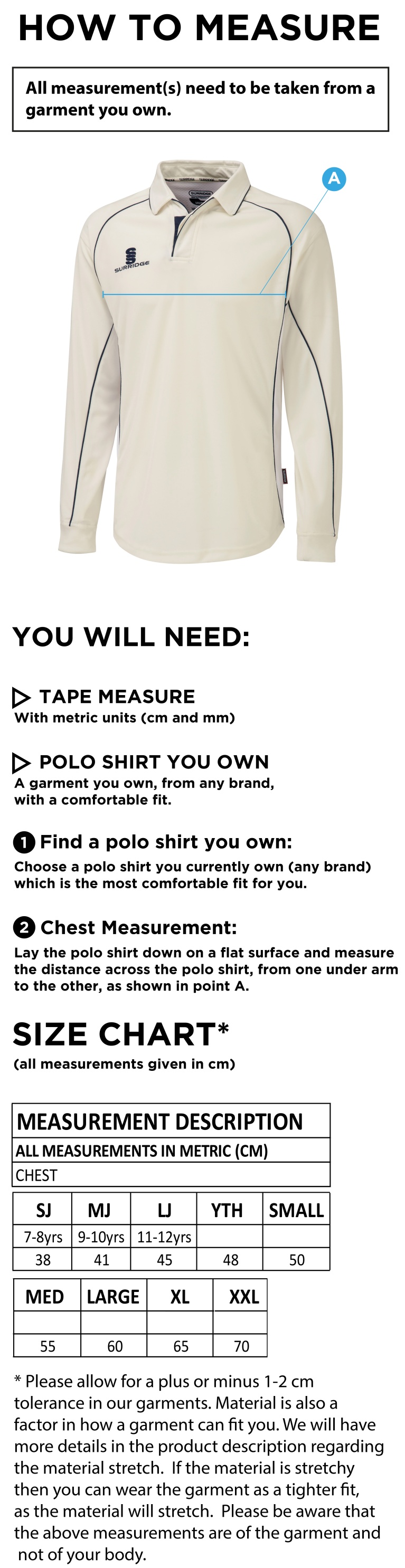 Penrith CC - Premier Long Sleeved Shirt - Size Guide