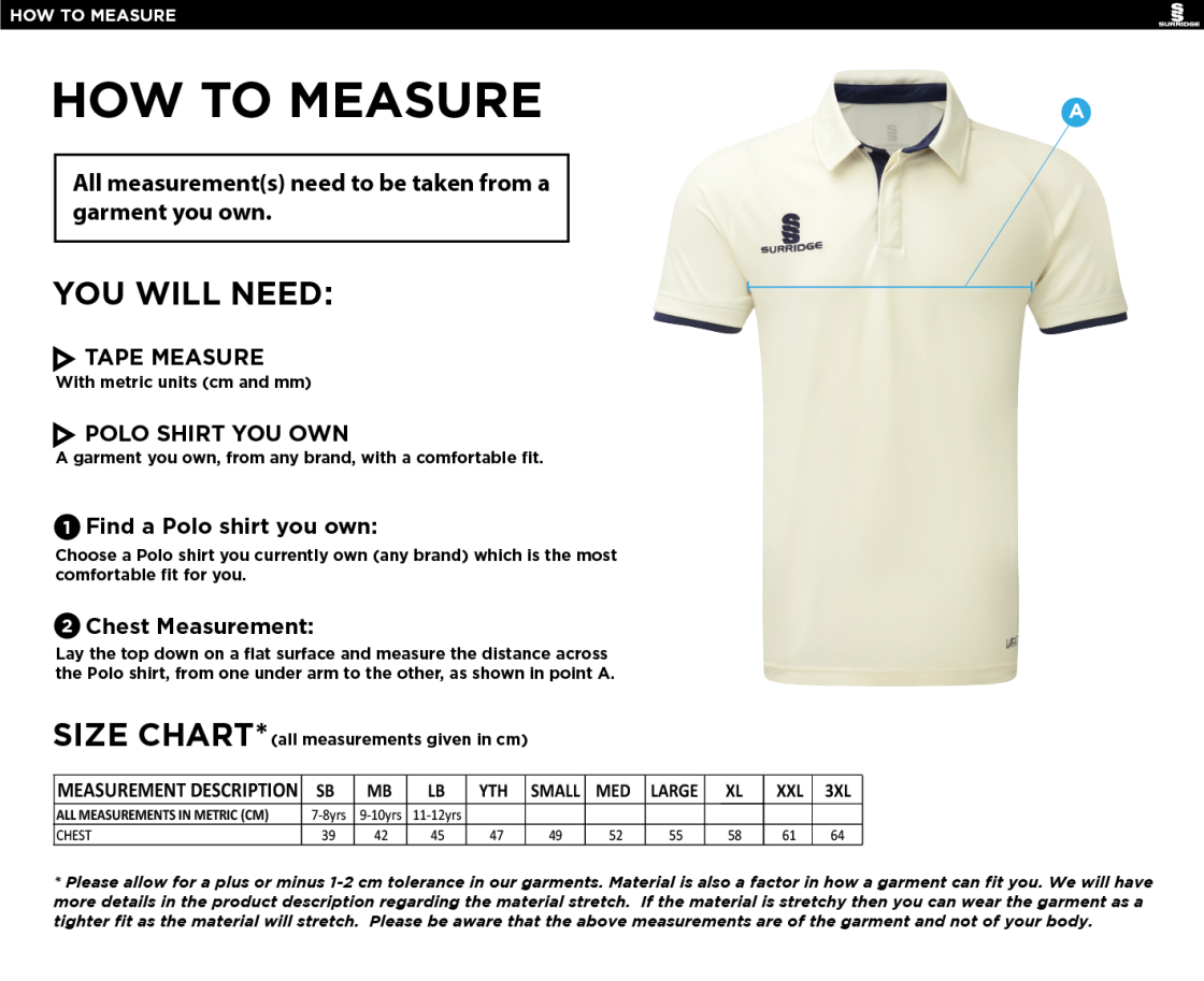 Penrith CC - Ergo Short Sleeved Shirt - Size Guide