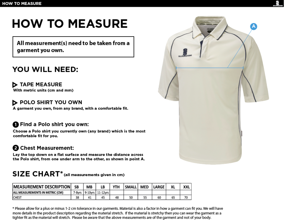 Penrith CC - Premier 3/4 Sleeved Shirt - Size Guide