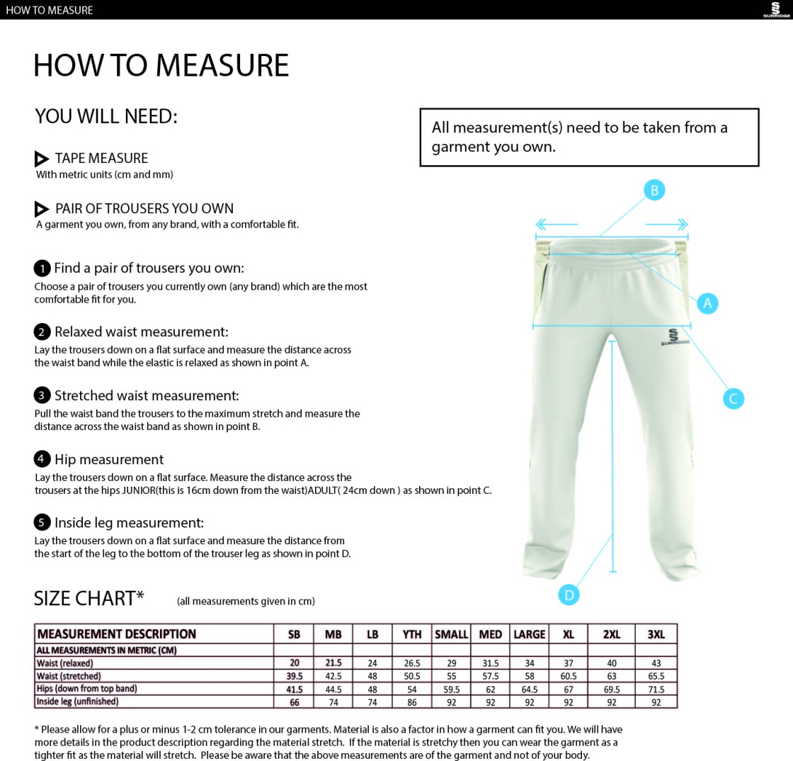 Penrith CC - Standard Playing Pant - Size Guide