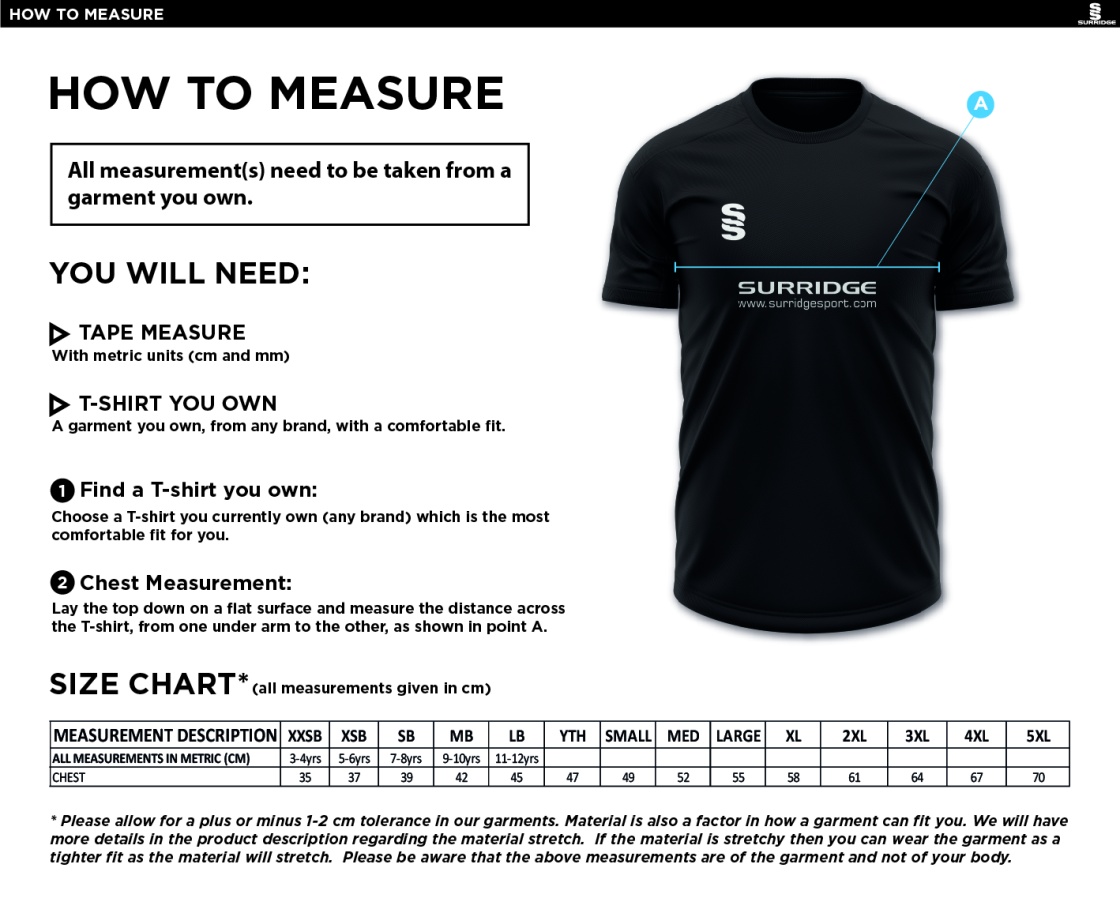 Penrith CC - Blade Training Shirt - Size Guide