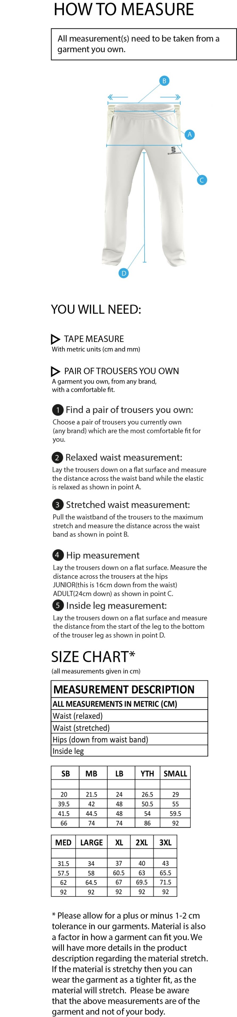 Penrith CC - Standard Playing Pant - Size Guide