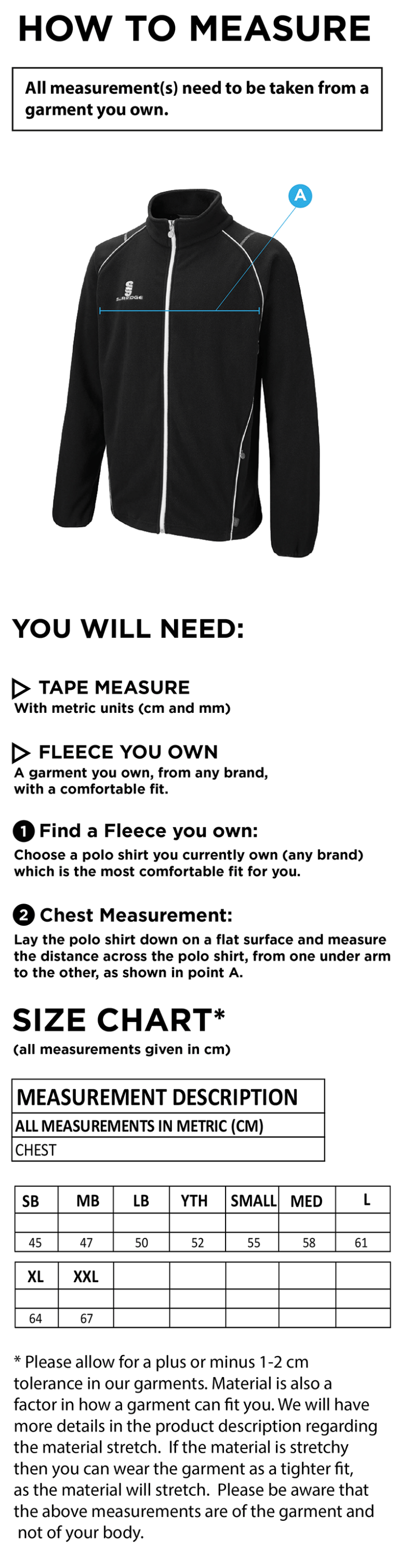 Penrith CC - Curve Fleece - Size Guide