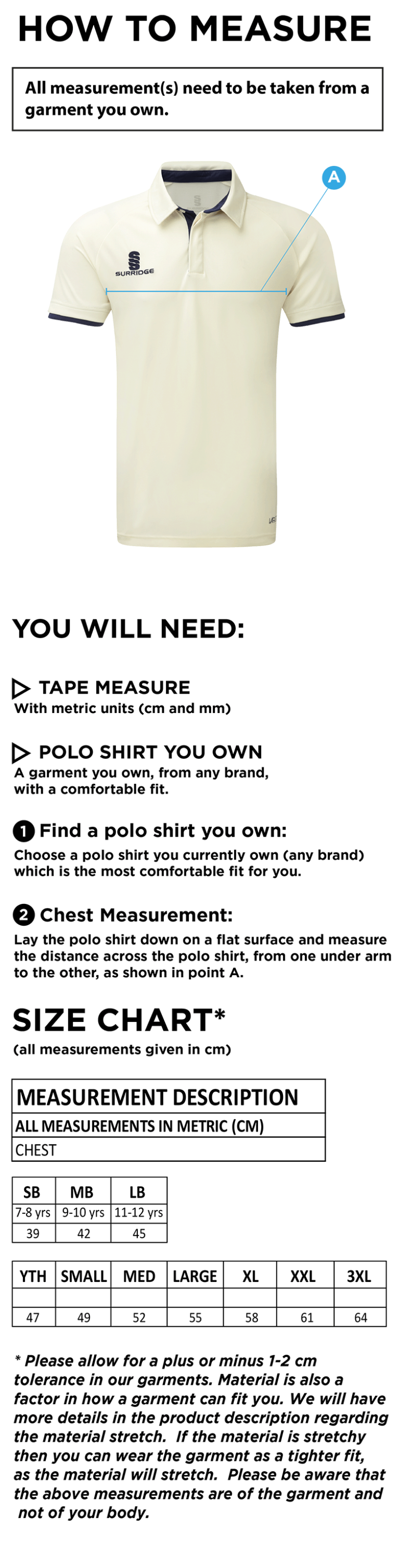 Penrith CC - Ergo Short Sleeved Shirt - Size Guide