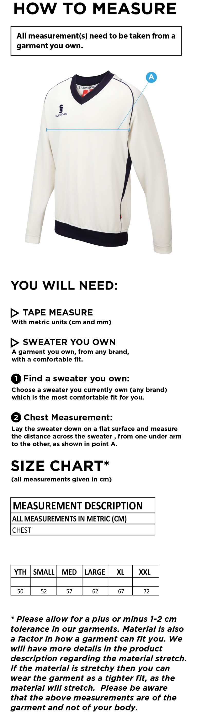 Penrith CC - Curve Long Sleeved Sweater - Size Guide