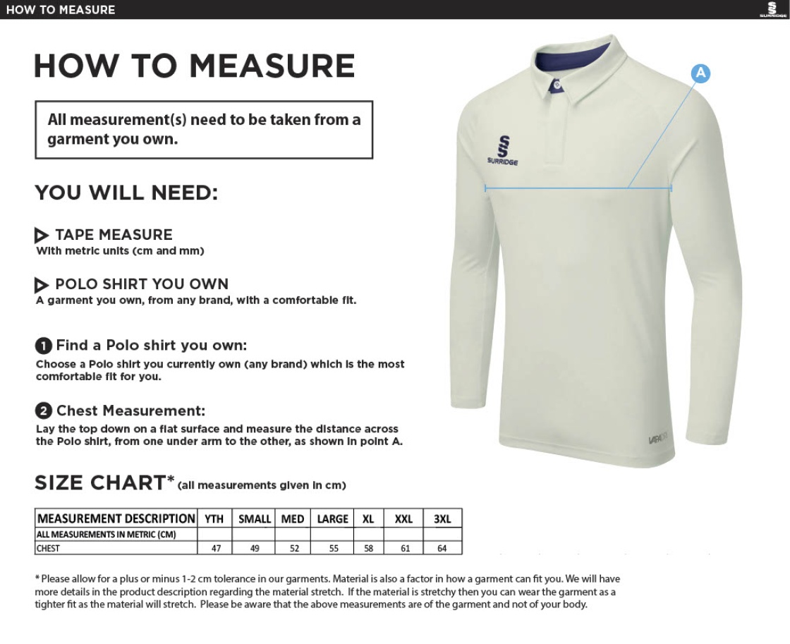 Penrith CC - Ergo Long Sleeved Shirt - Size Guide