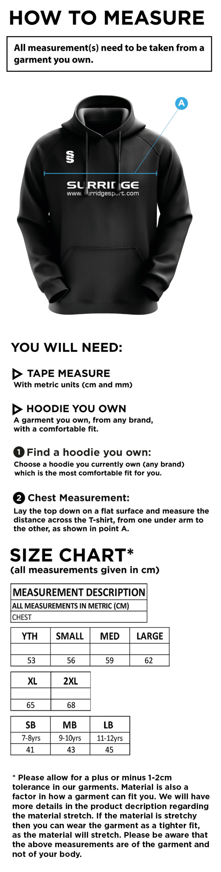 Penrith CC - Blade Hoody - Size Guide