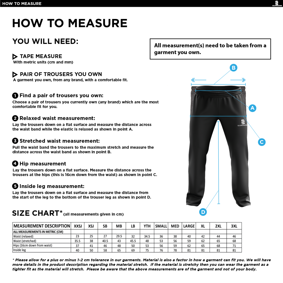 Penrith CC - Poplin Track Pant - Size Guide