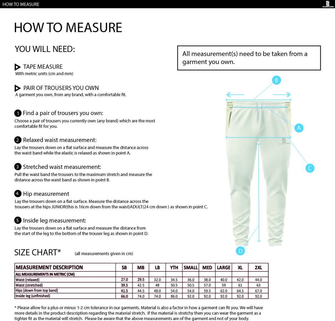 Penrith CC - Tek Playing Pants - Size Guide