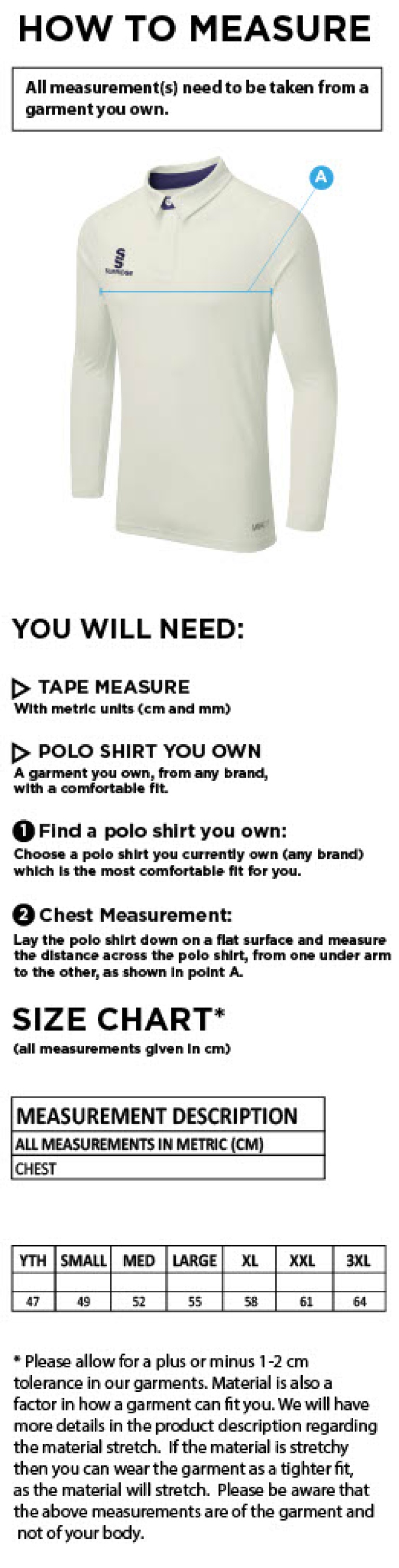 Penrith CC - Ergo Long Sleeved Shirt - Size Guide