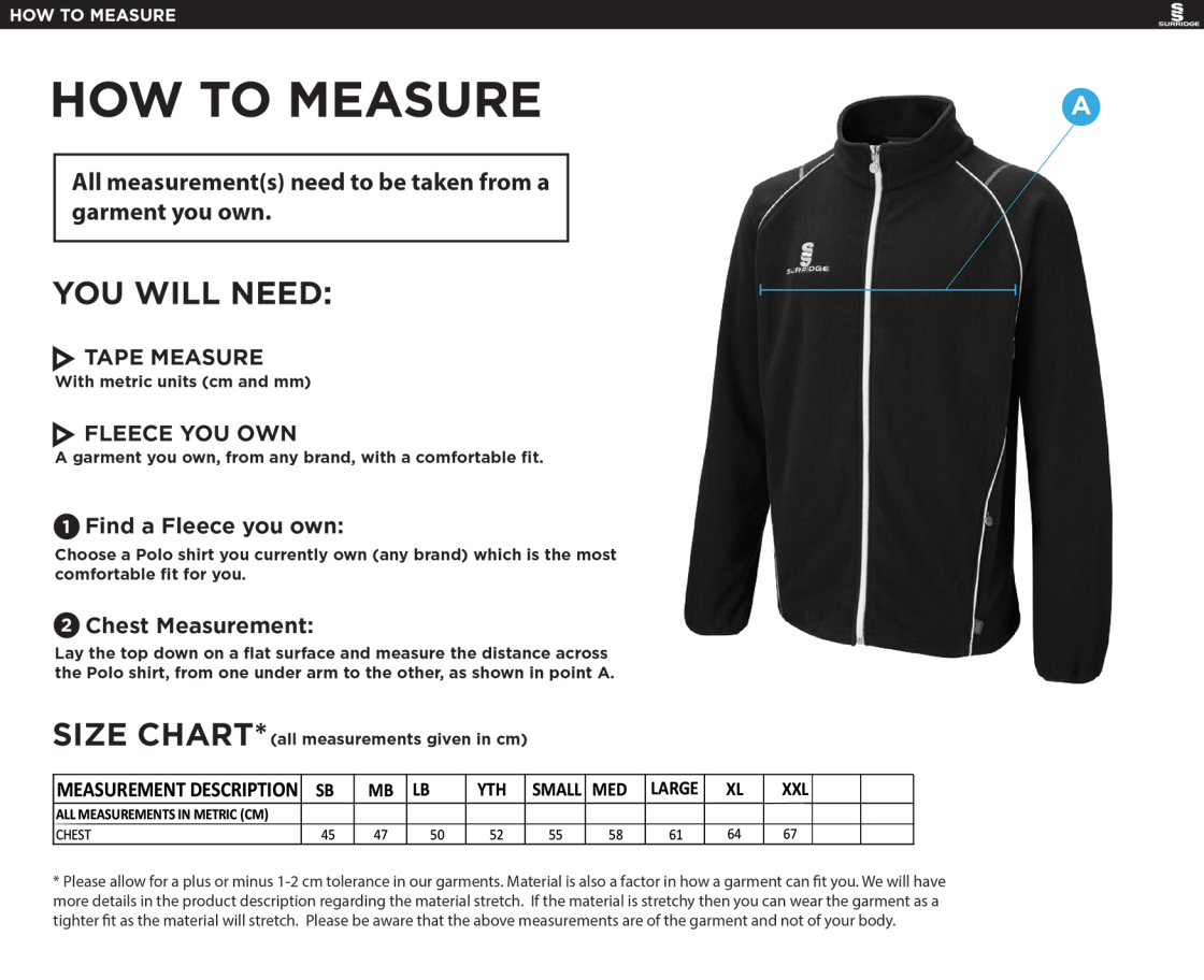 Penrith CC - Curve Fleece - Size Guide