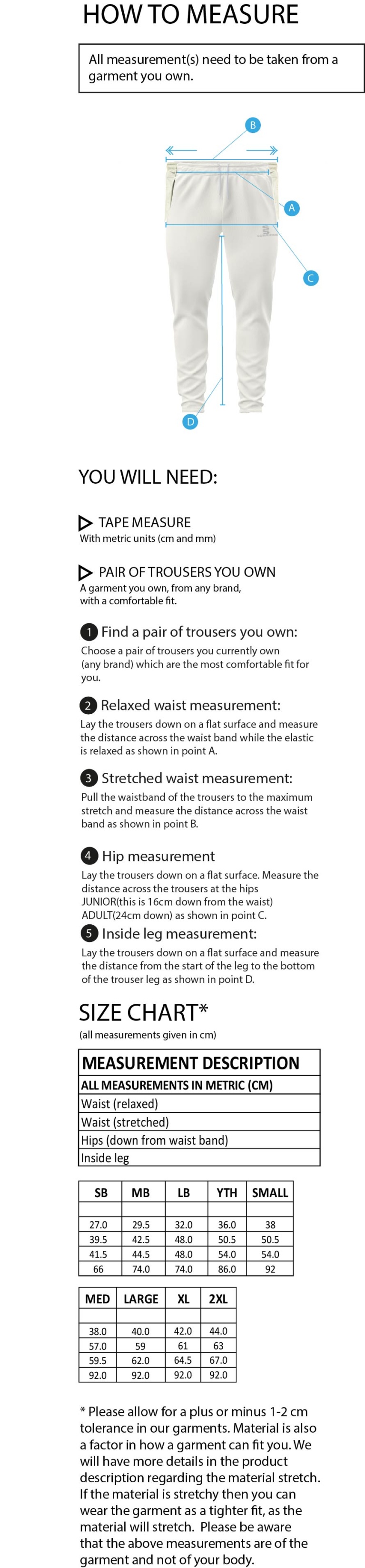 Penrith CC - Tek Playing Pants - Size Guide