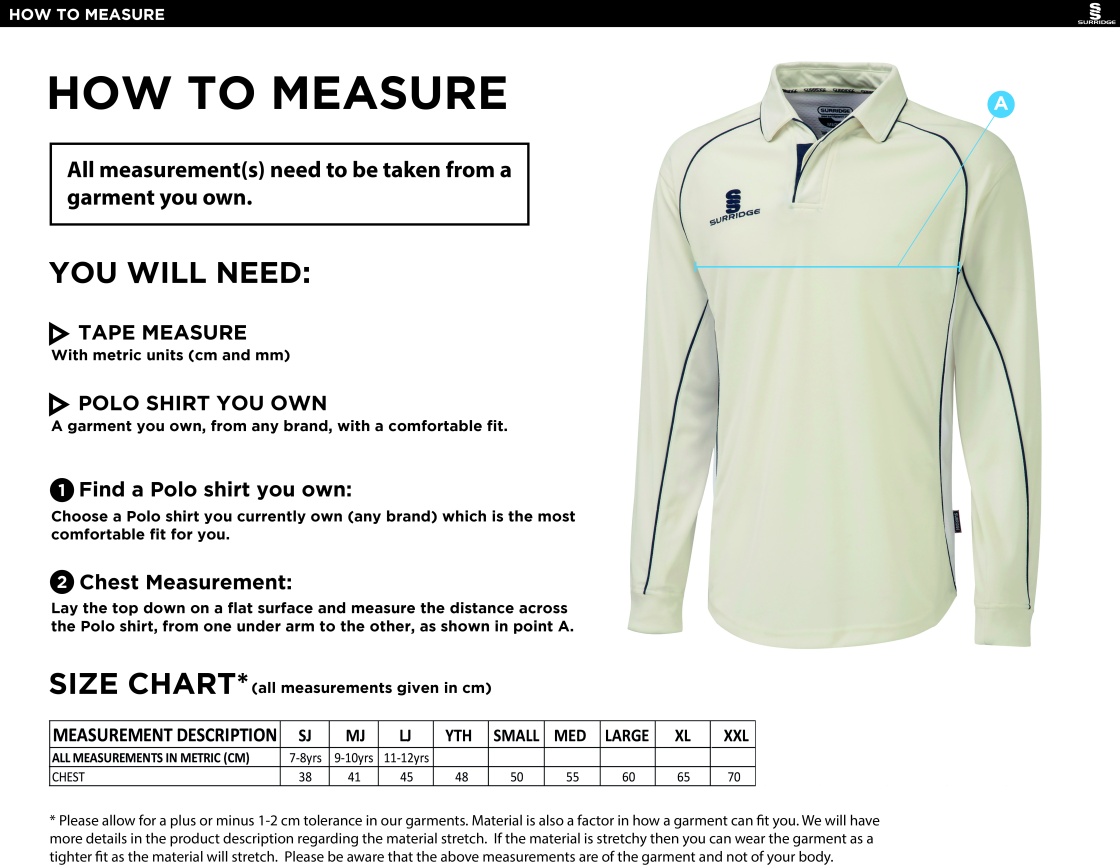 Penrith CC - Premier Long Sleeved Shirt - Size Guide