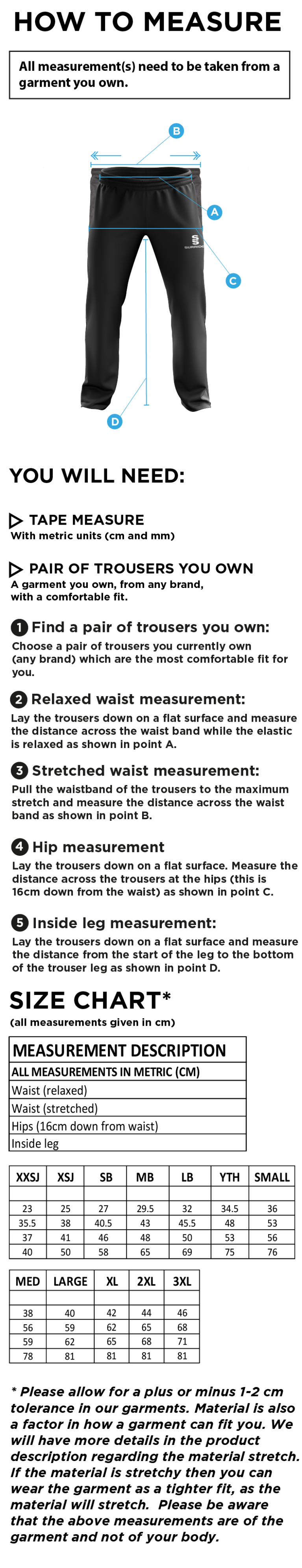 Penrith CC - Poplin Track Pant - Size Guide